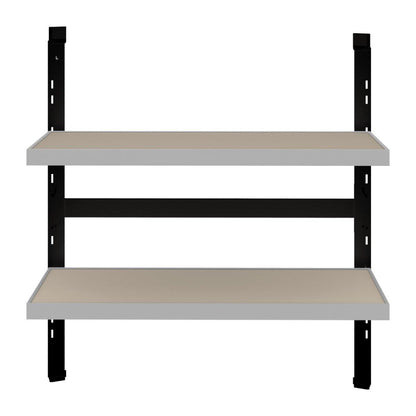 Double shelf kit mounted on vertical frame for trade show display and exhibition setup