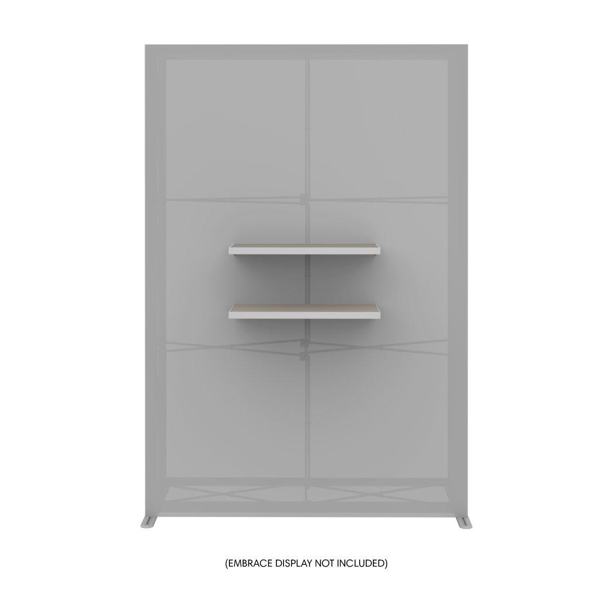 Trade show double shelf kit mounted on portable display frame for exhibitions and events