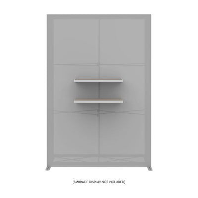 Trade show double shelf kit mounted on portable display frame for exhibitions and events