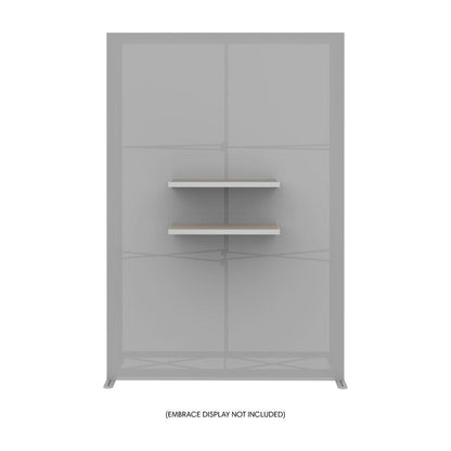 Trade show double shelf kit mounted on portable display frame for exhibitions and events