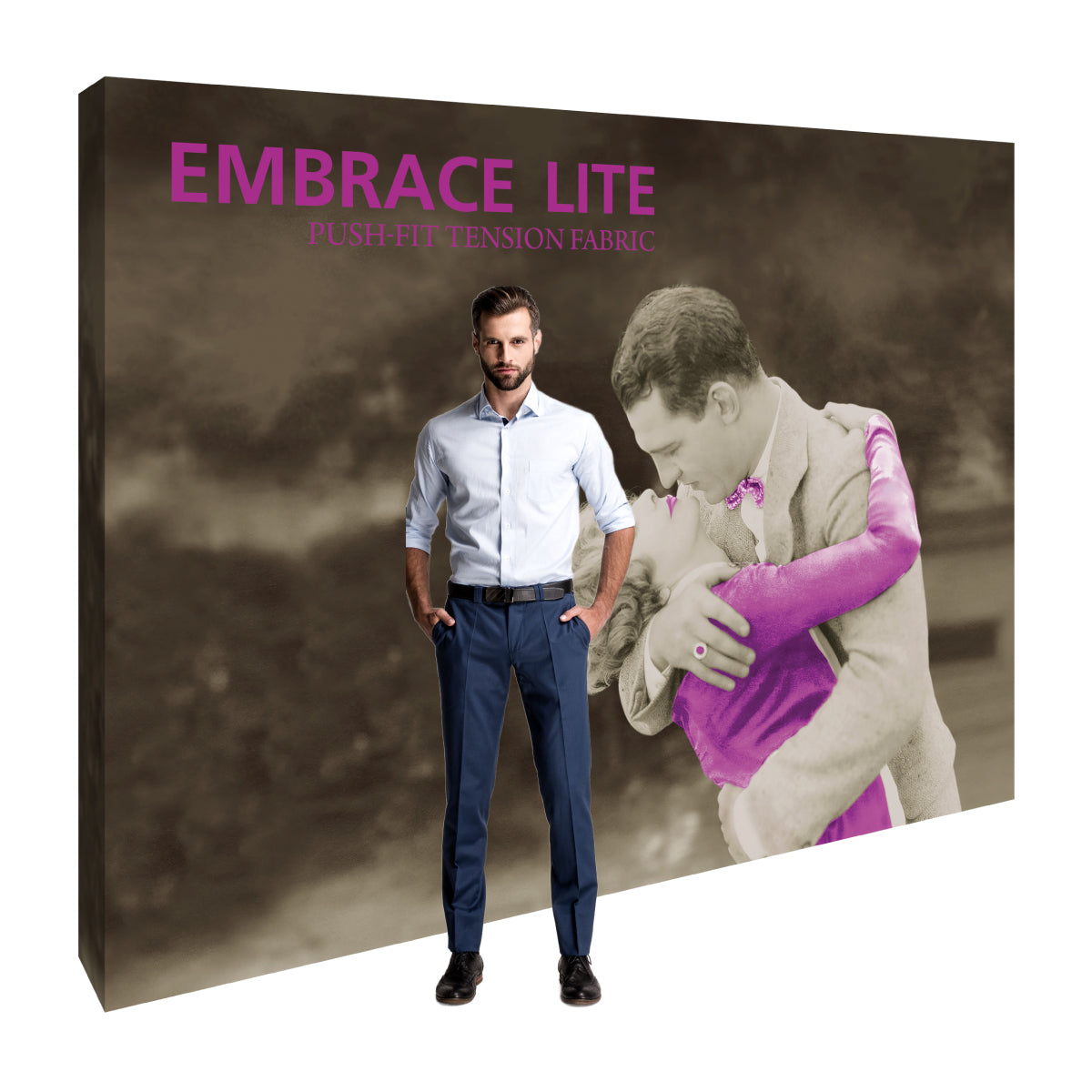 Large fabric tension display with vintage couple graphic and model, ideal for trade shows and exhibitions