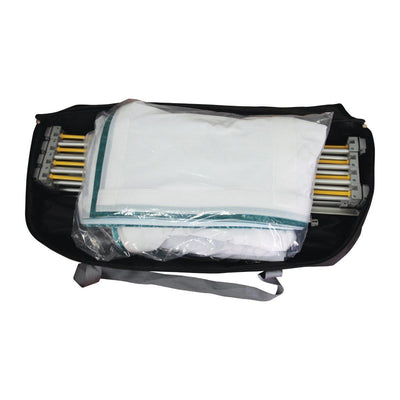 Folded trade show display frame and graphics packed inside a carrying bag for exhibitions and events