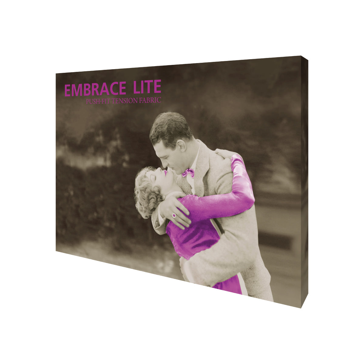 Tension fabric display showing a vintage romantic couple embracing, ideal for trade shows and exhibitions
