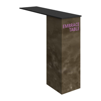 Tall Embrace Table for trade shows with rectangular surface and branded base