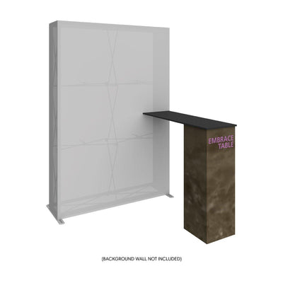 Trade show Embrace Table with extended tabletop attached to display wall for exhibitions and events