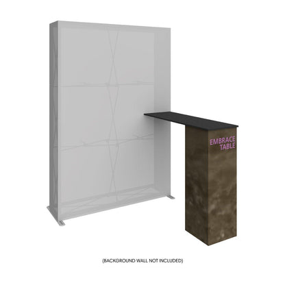 Trade show Embrace Table with extended tabletop attached to display wall for exhibitions and events