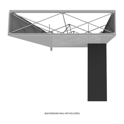 Trade show booth structure with overhead frame and support panel for exhibitions and special events