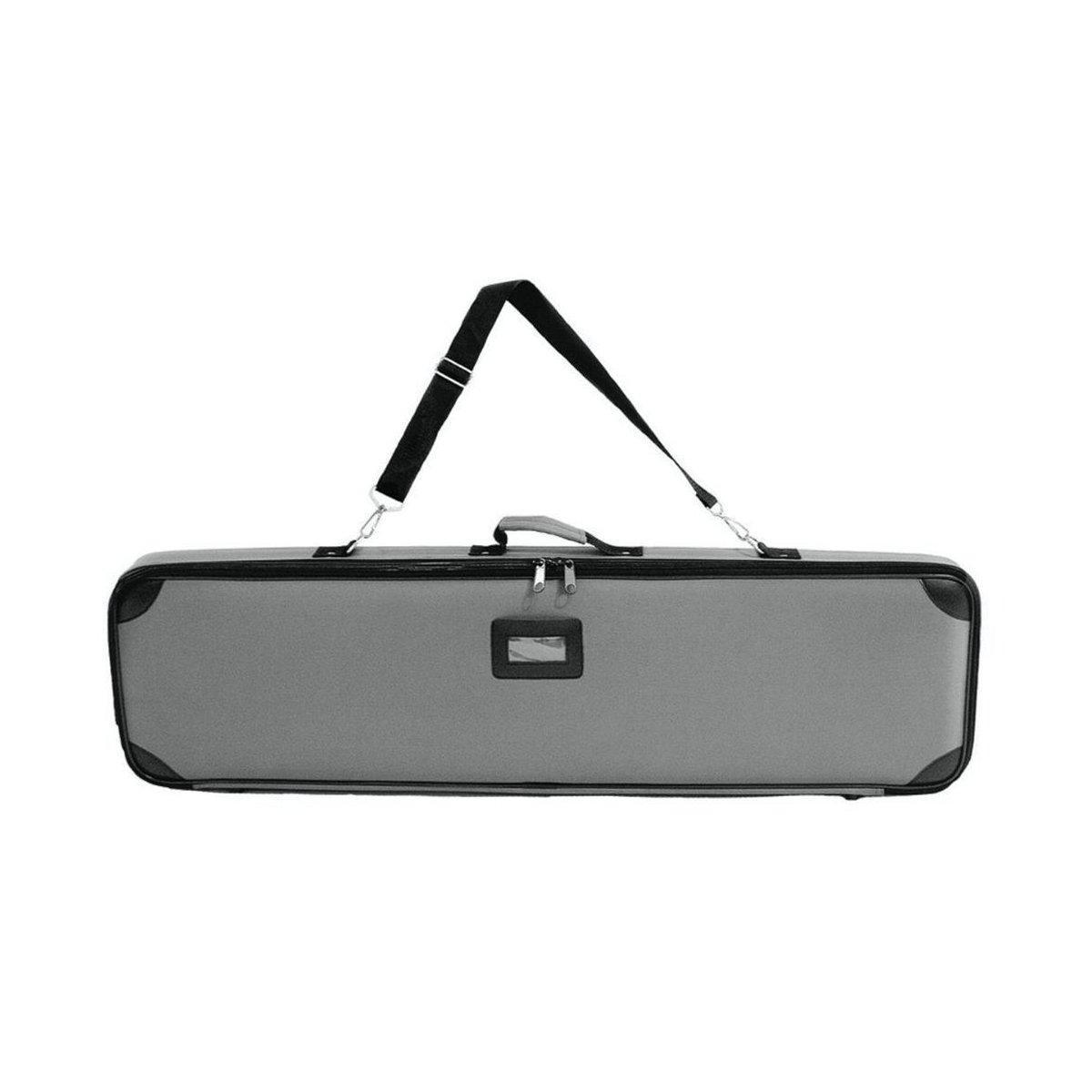 Long rectangular durable carrying case with shoulder strap for trade shows and exhibitions