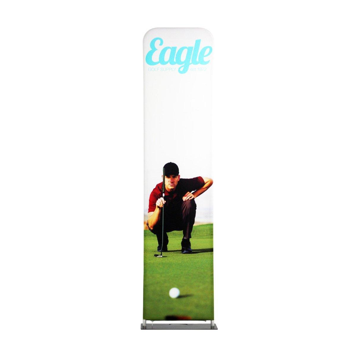 Tall fabric display banner showing a golfer lining up a putt, ideal for trade shows and exhibitions