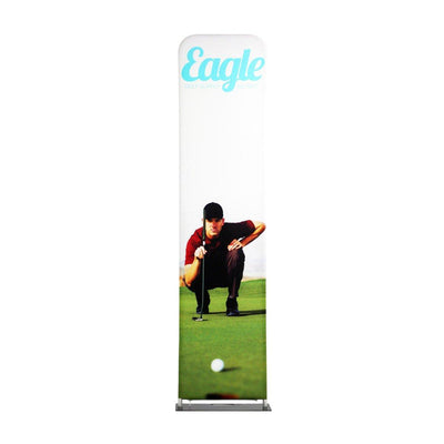 Tall fabric display banner showing a golfer lining up a putt, ideal for trade shows and exhibitions