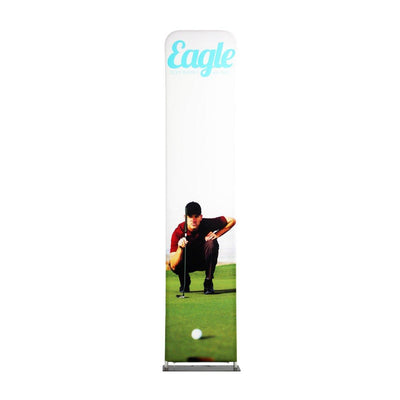 Tall fabric display banner featuring a golfer aligning a putt, ideal for trade shows and exhibitions