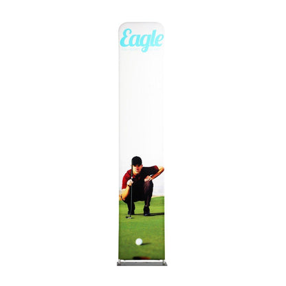 Tall fabric display featuring golf player graphic for trade shows and exhibitions