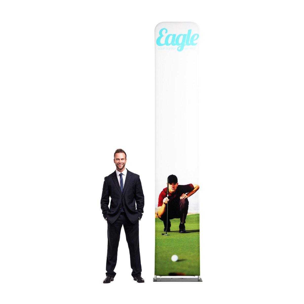 Tall fabric display banner showing golf player graphic, ideal for trade shows and exhibitions