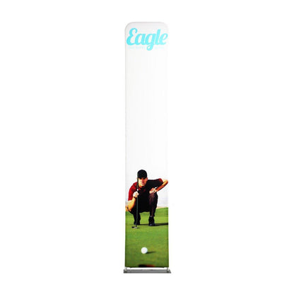 Tall fabric display banner featuring golfer aiming putt, ideal for trade shows and exhibitions