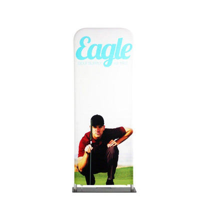 Tall fabric display banner featuring golfer image and Eagle Golf Supply logo for trade shows and events
