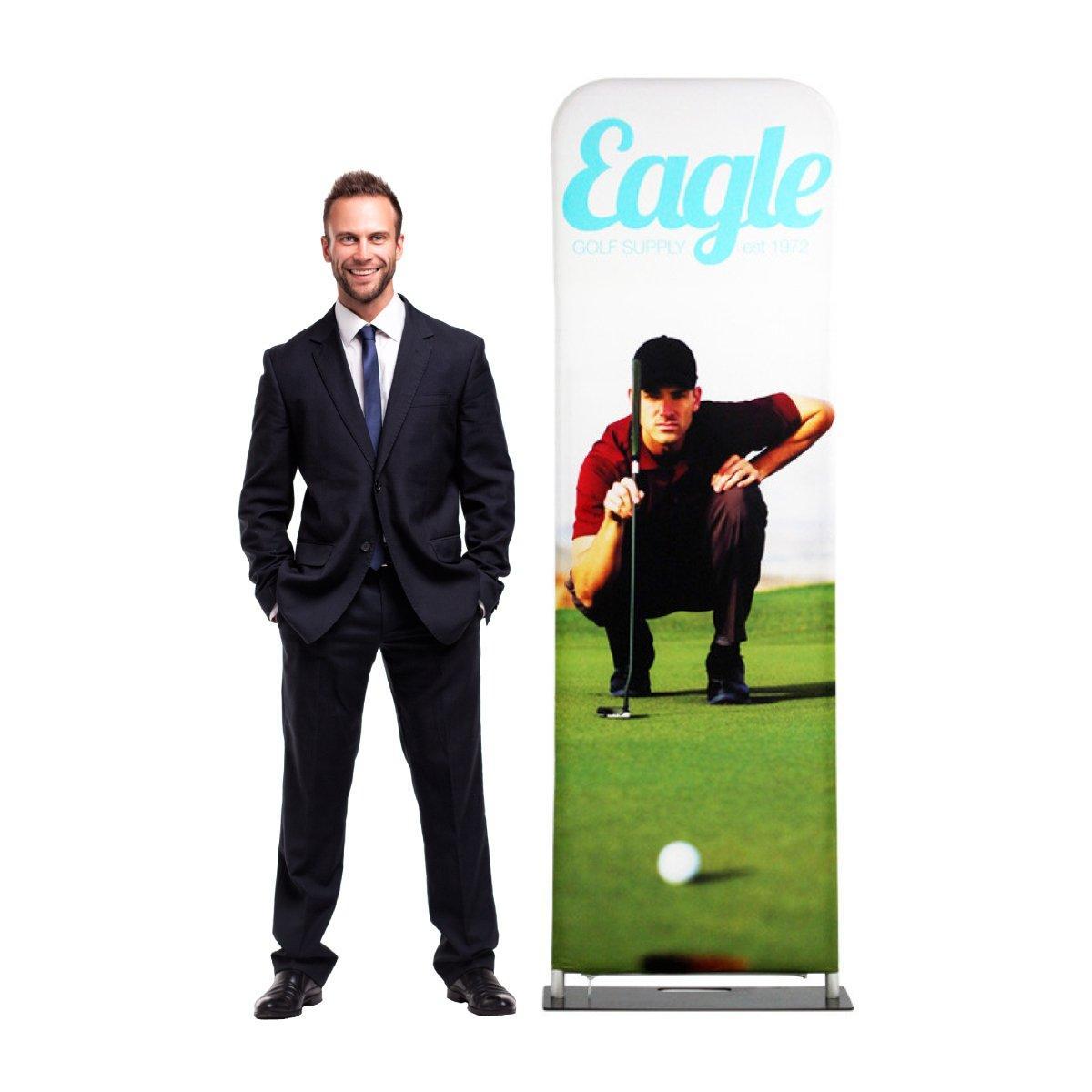 Businessman standing next to fabric display banner featuring golf player for trade shows and exhibitions