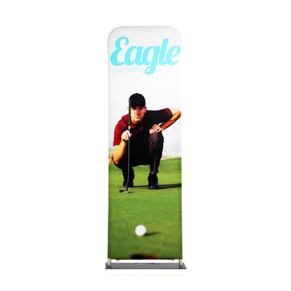 Freestanding fabric display with golfer image and Eagle Golf Supply branding for trade shows and events