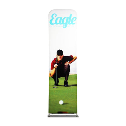 Fabric trade show display featuring golfer lining up a putt on green with Eagle Golf Supply logo