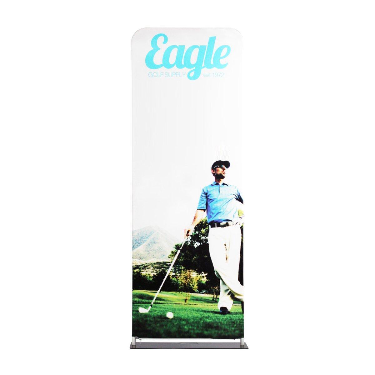 Tall fabric display banner featuring a golfer with club on a golf course for trade shows and exhibitions