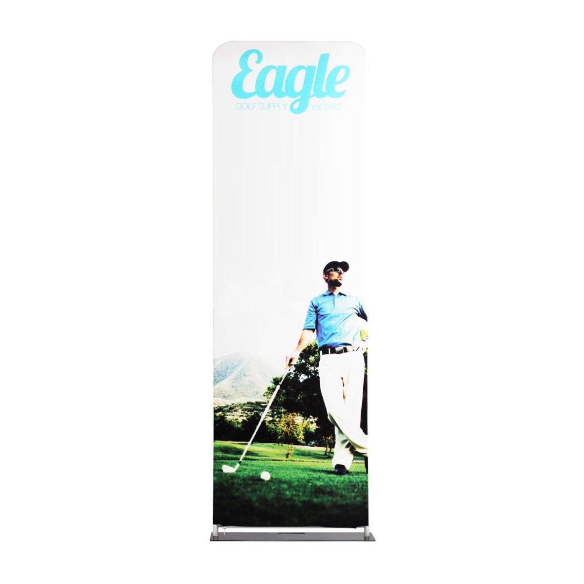 Tall fabric trade show display featuring golfer image and Eagle Golf Supply branding for exhibitions and events