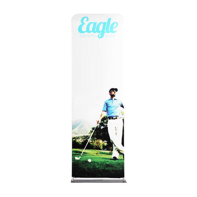 Tall fabric trade show display featuring golfer image and Eagle Golf Supply branding for exhibitions and events