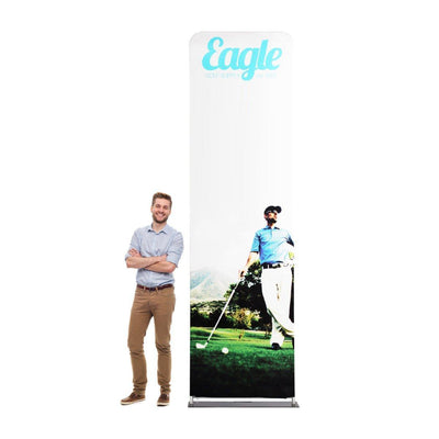 Tall fabric display stand with golf-themed graphics for trade shows and exhibitions, next to a standing man