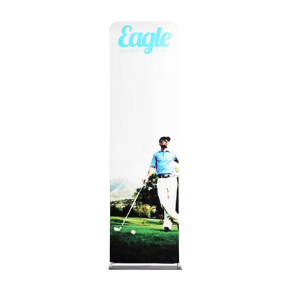 Tall fabric display banner for trade shows featuring a golfer on a green golf course with mountain background