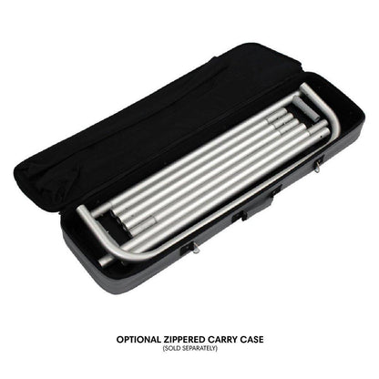 Trade show display frame parts neatly packed in optional zippered carry case for easy transport