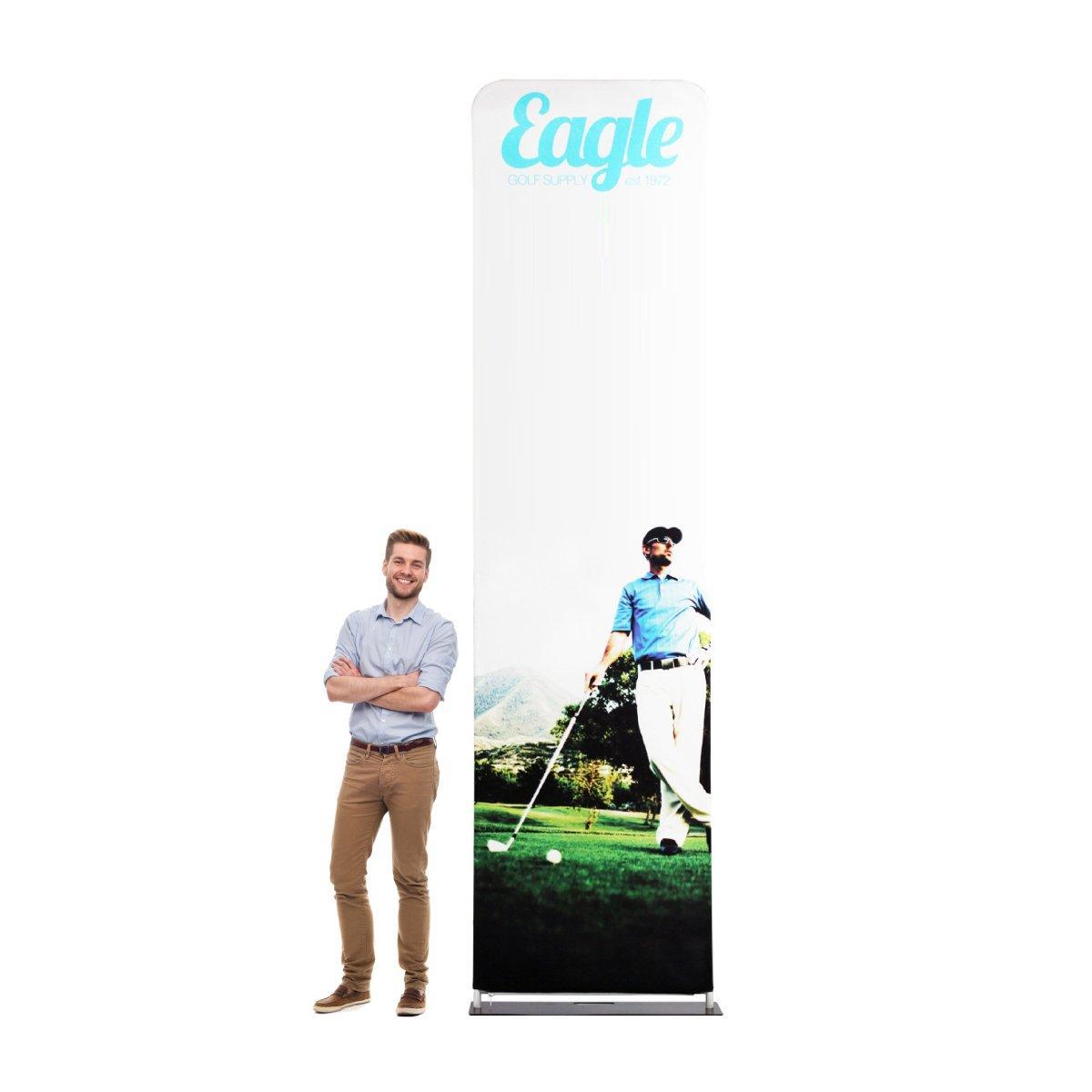Tall retractable fabric display with golf-themed graphics for trade shows and exhibitions