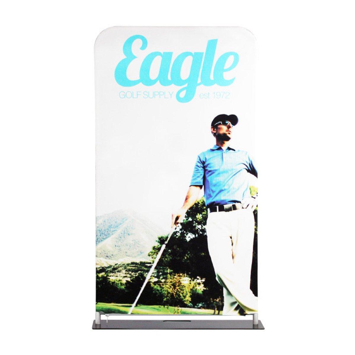 Fabric display featuring golfer image and Eagle Golf Supply logo for trade shows and exhibitions