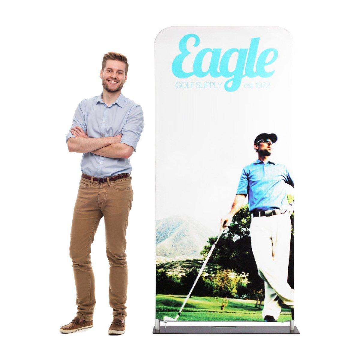 Portable fabric display with golf-themed graphic for trade shows and exhibitions