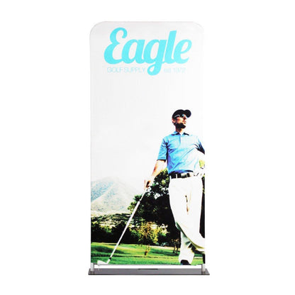 Fabric trade show display featuring golf supply branding with golfer image for exhibitions and events
