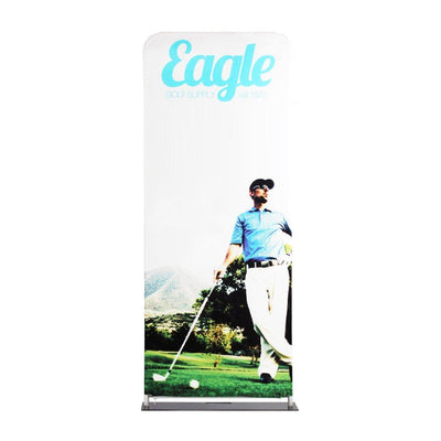 Retractable fabric trade show display featuring golfer image and eagle golf supply branding for exhibitions