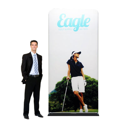 Fabric display banner with golf-themed graphics for trade shows and exhibitions featuring Eagle Golf Supply branding