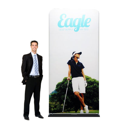 Fabric display banner with golf-themed graphics for trade shows and exhibitions featuring Eagle Golf Supply branding