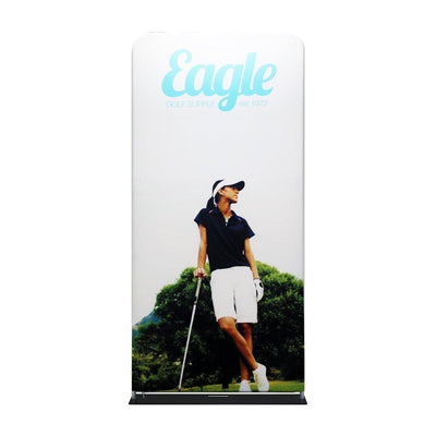 Tall fabric display panel showcasing golf-themed marketing graphics ideal for trade shows and exhibitions