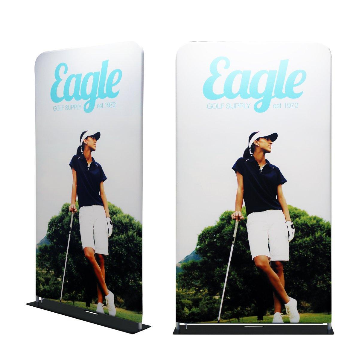 Portable fabric trade show displays featuring golf-themed graphics for exhibitions and special events