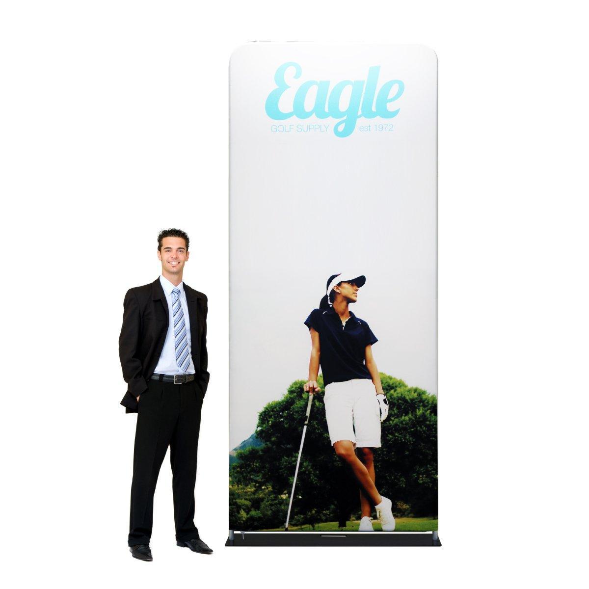 Tall fabric display for trade shows featuring golf supply branding and golfer image