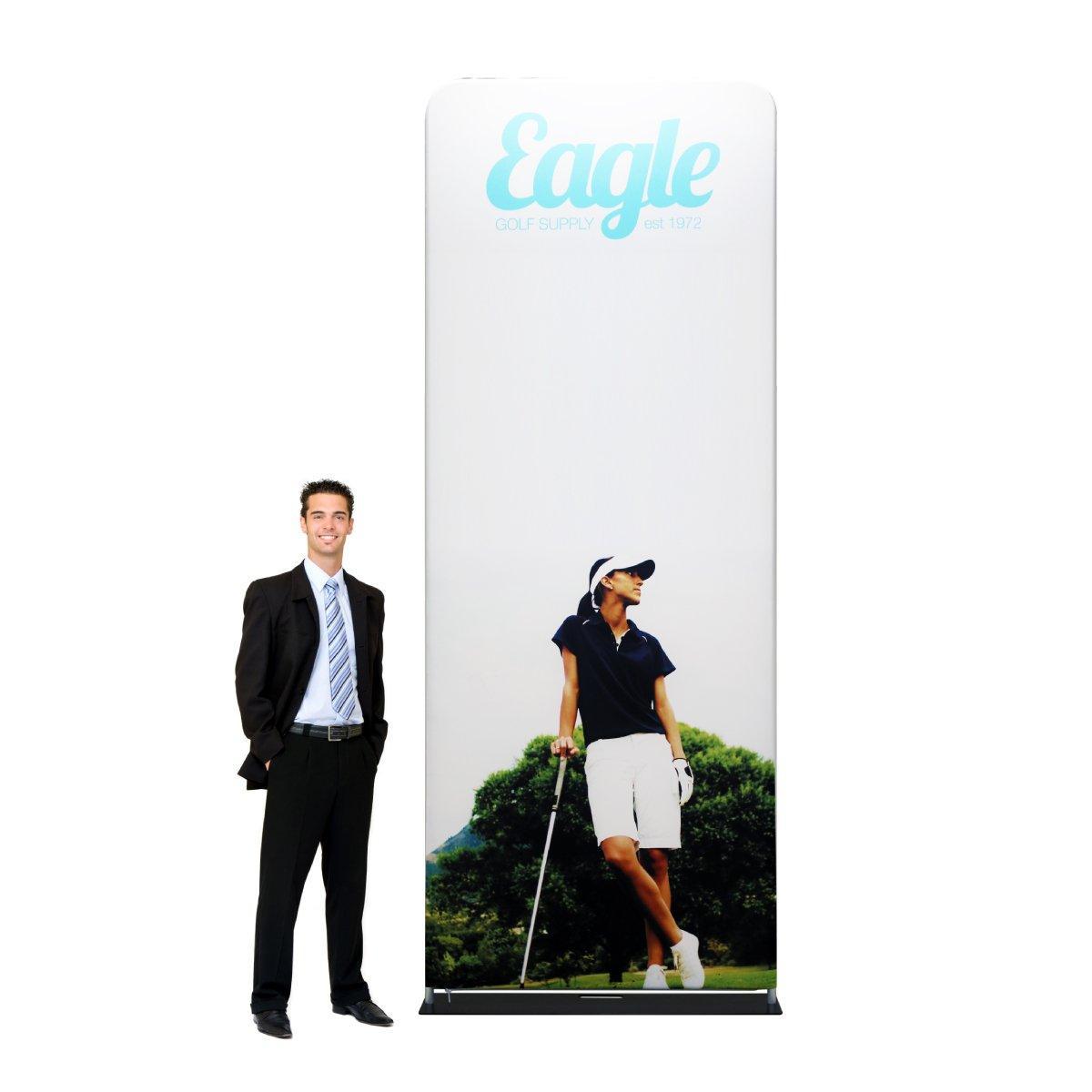 Tall fabric display with golf-themed graphic and man standing beside for trade shows and events