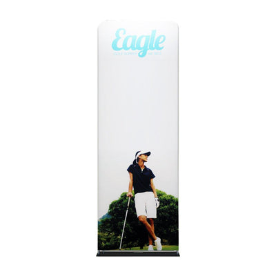 Tall fabric trade show display featuring a golfer with a club in an outdoor setting for exhibition use