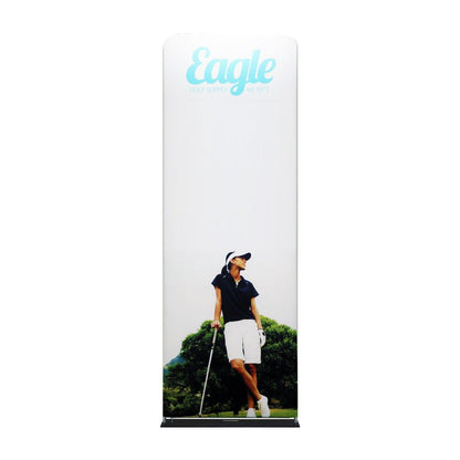 Tall fabric trade show display featuring a golfer with a club in an outdoor setting for exhibition use