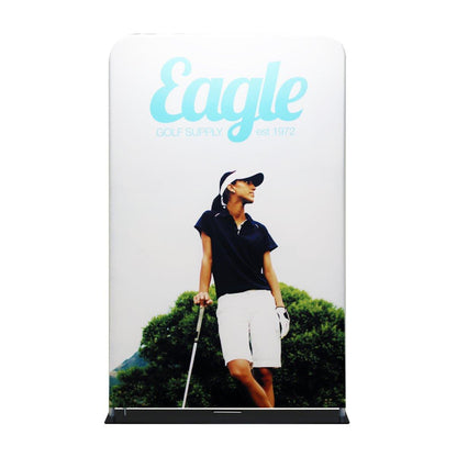 Tradeshow fabric display featuring golf supply branding with person holding golf club outdoors