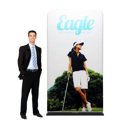 Fabric trade show display featuring golf-themed graphics for exhibitions and special events