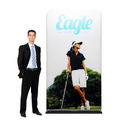 Fabric trade show display featuring golf-themed graphics for exhibitions and special events
