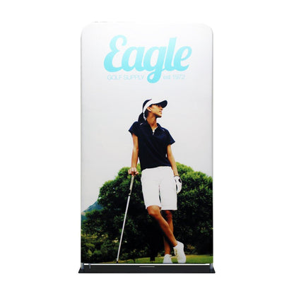 Fabric display featuring golf supply brand for trade shows and exhibitions with golfer image