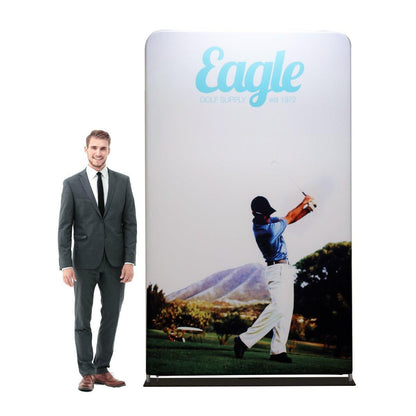 Large fabric trade show display featuring a golfer mid-swing promoting Eagle Golf Supply at an exhibition