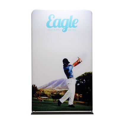 Trade show fabric display featuring a golfer swinging on a golf course with mountain backdrop for exhibitions and special events
