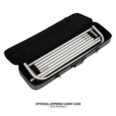 Disassembled trade show display frame with metal poles and optional zipped carry case for exhibitions and events