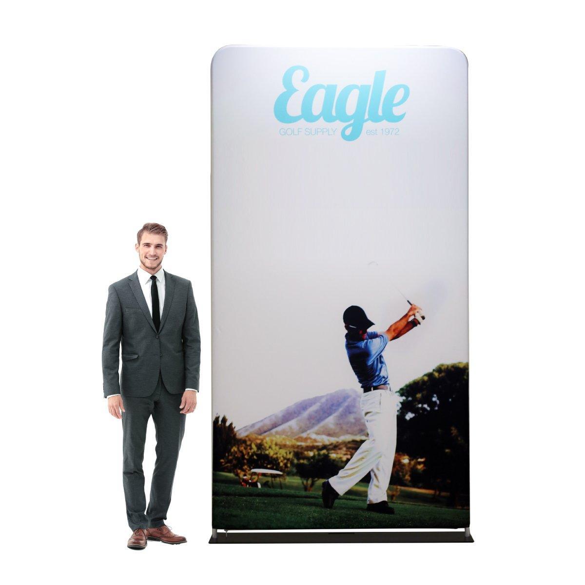 Portable fabric display featuring golf-themed graphics for trade shows and exhibitions