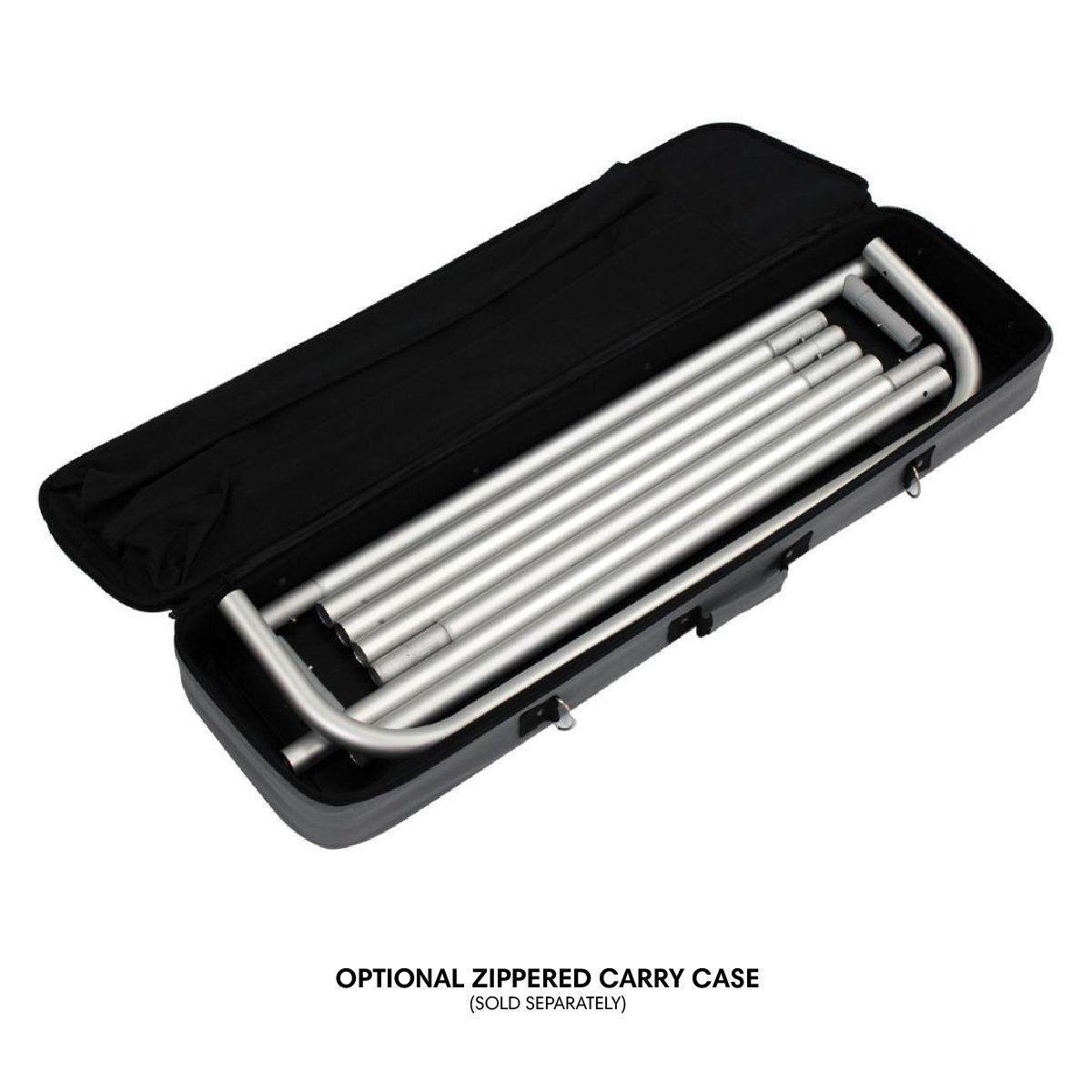 Trade show display frame components neatly packed in an optional zippered carry case for exhibitions